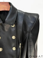 Black Runway Leather Gold Button Moto Jacket