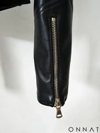 Black Runway Leather Gold Button Moto Jacket