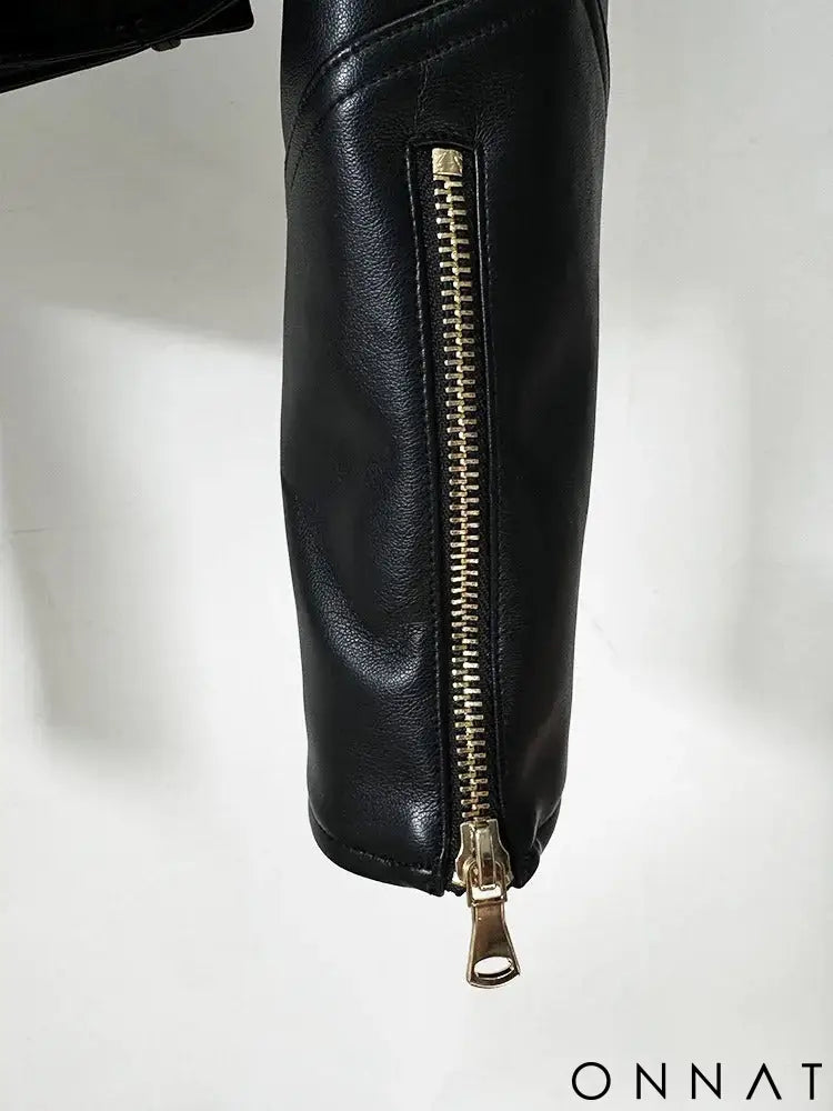 Black Runway Leather Gold Button Moto Jacket