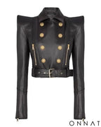 Black Runway Leather Gold Button Moto Jacket