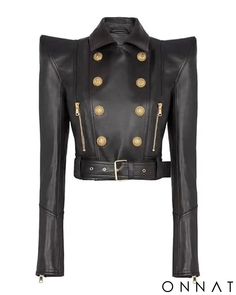 Black Runway Leather Gold Button Moto Jacket