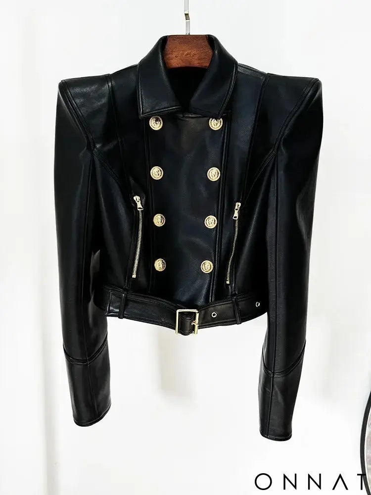 Black Runway Leather Gold Button Moto Jacket
