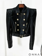 Black Runway Leather Gold Button Moto Jacket