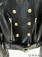 Black Runway Leather Gold Button Moto Jacket