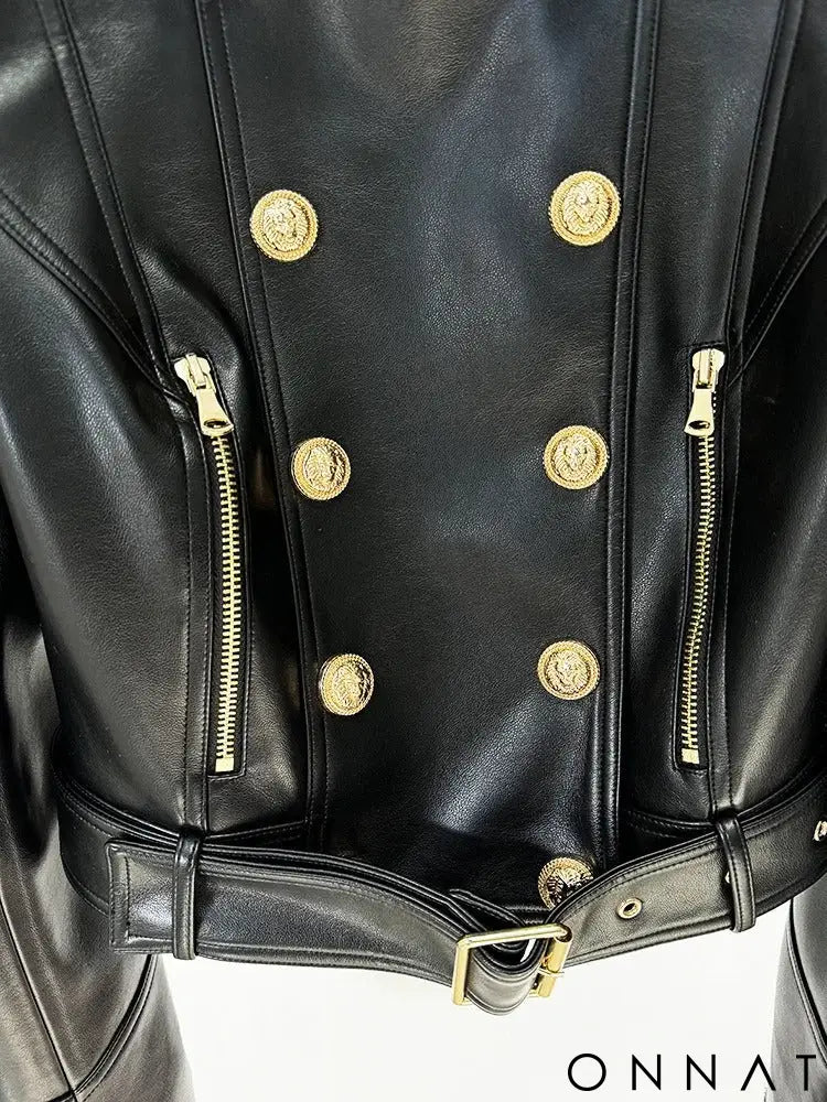 Black Runway Leather Gold Button Moto Jacket