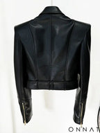 Black Runway Leather Gold Button Moto Jacket