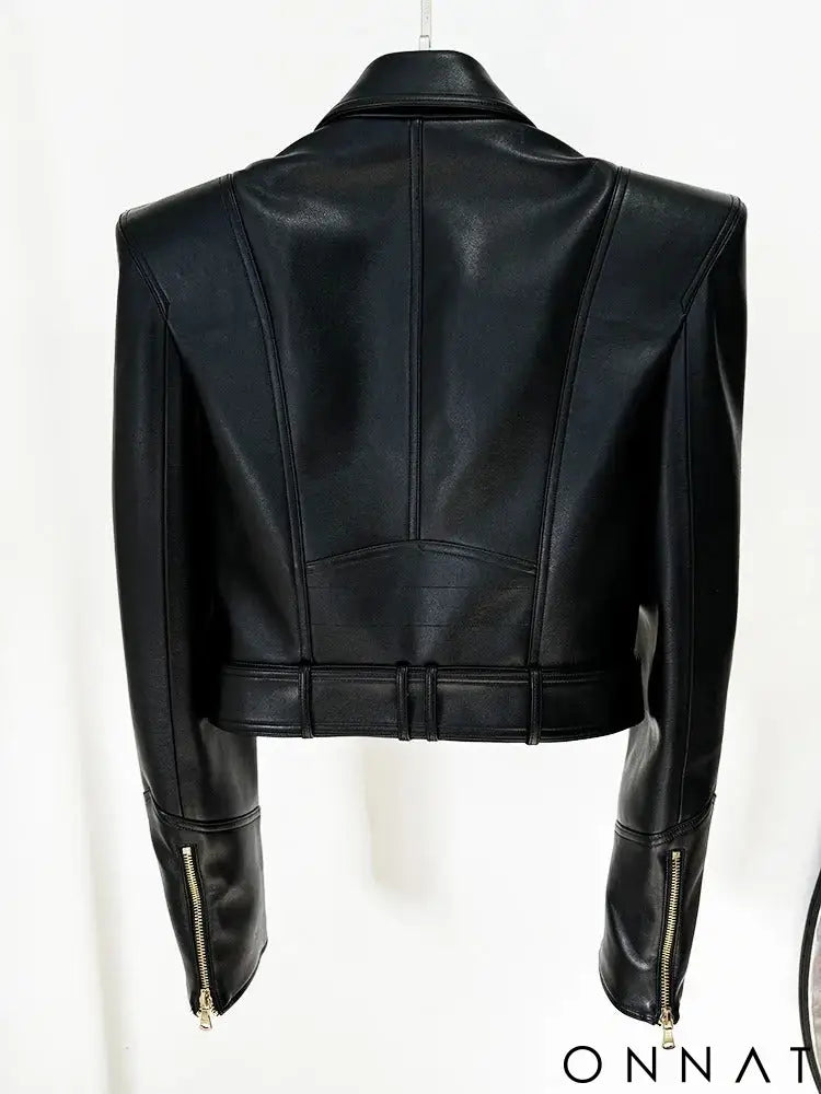 Black Runway Leather Gold Button Moto Jacket