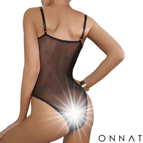 Black Sheer Tulle Lined Bodysuit Tops