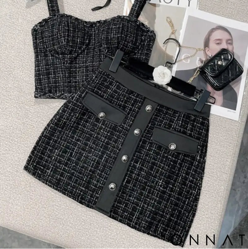 Black Tweed Cropped Top & Matching Skirt Set