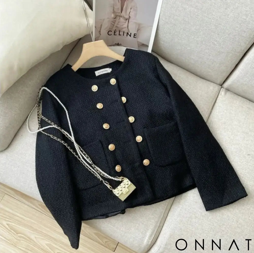 Black Tweed Gold Button Wool Jacket