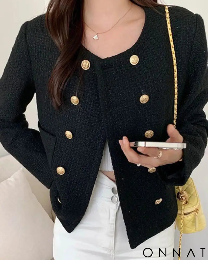 Black Tweed Gold Button Wool Jacket