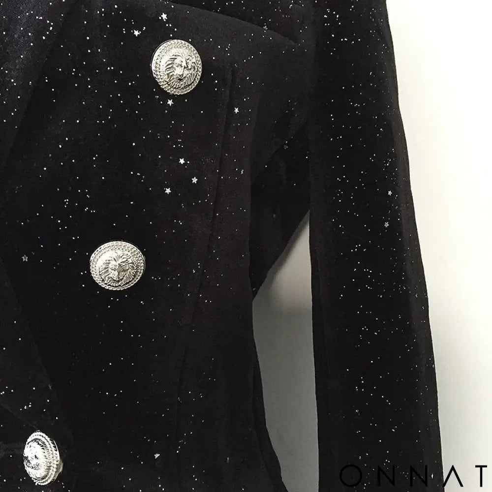 Black Velvet Sequin Silver Button Blazer