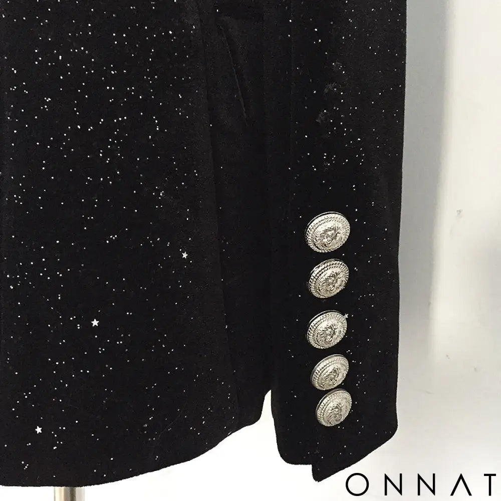 Black Velvet Sequin Silver Button Blazer