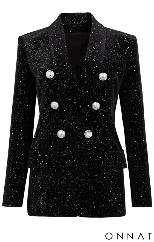 Black Velvet Sequin Silver Button Blazer