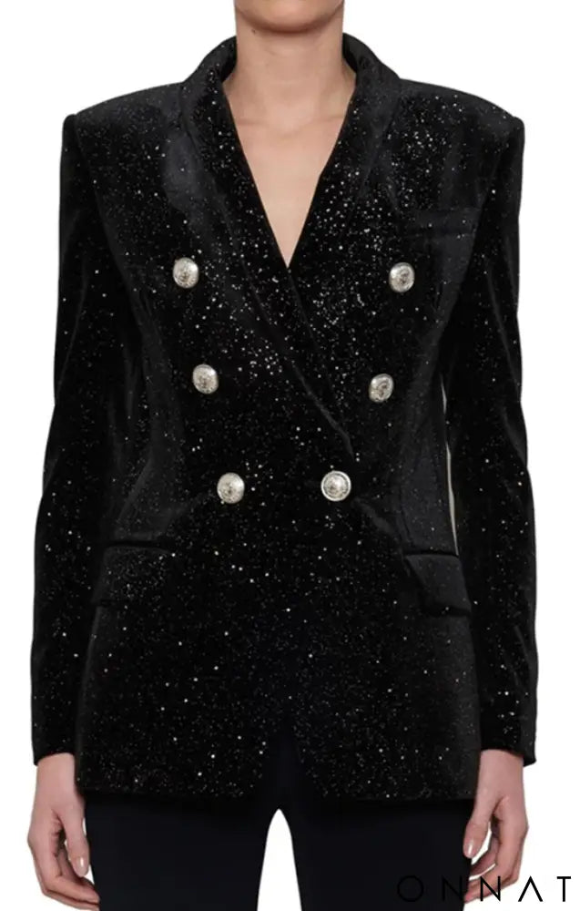 Black Velvet Sequin Silver Button Blazer S