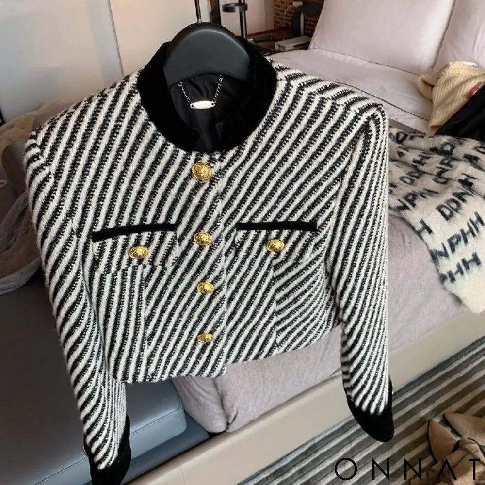 Black & White Cropped Gold Button Striped Tweed Jacket