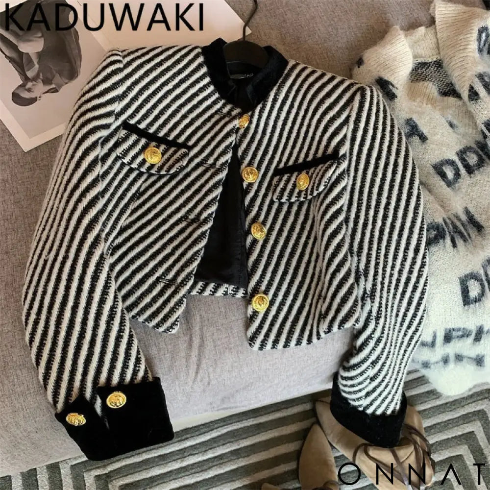 Black & White Cropped Gold Button Striped Tweed Jacket