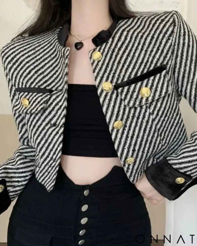 Black & White Cropped Gold Button Striped Tweed Jacket