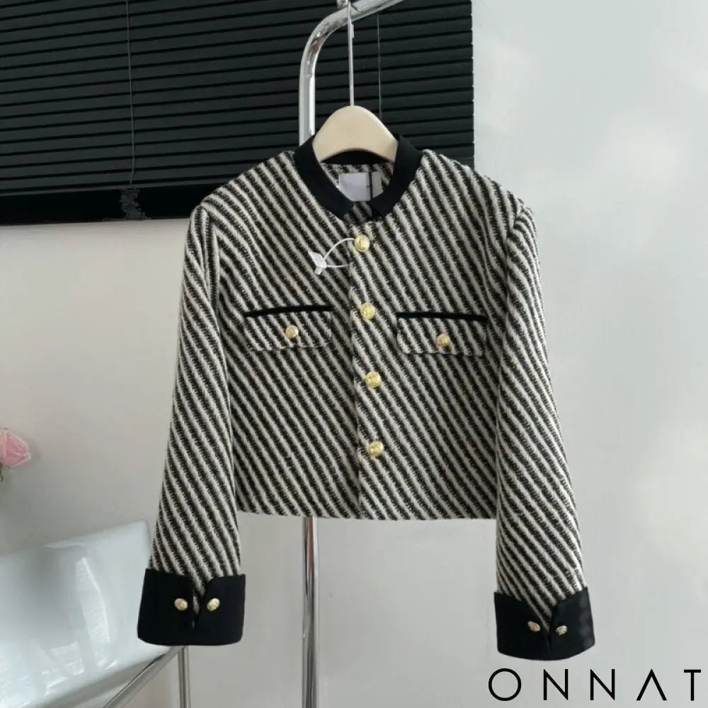 Black & White Cropped Gold Button Striped Tweed Jacket