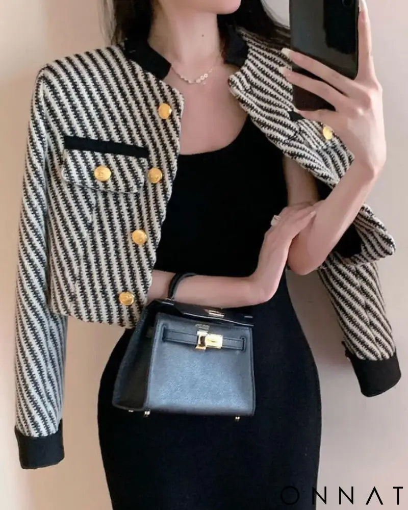 Black & White Cropped Gold Button Striped Tweed Jacket