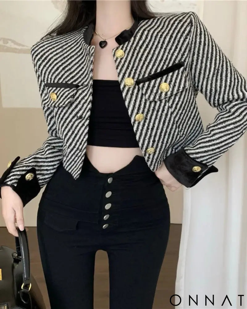 Black & White Cropped Gold Button Striped Tweed Jacket