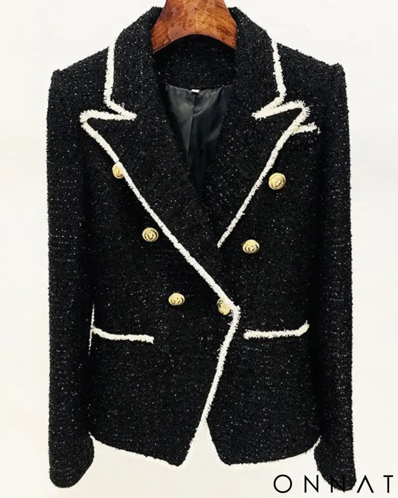Black & White Tweed Gold Button Blazer