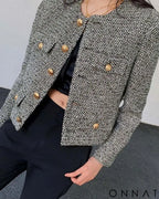 Black & White Tweed Gold Button Jacket