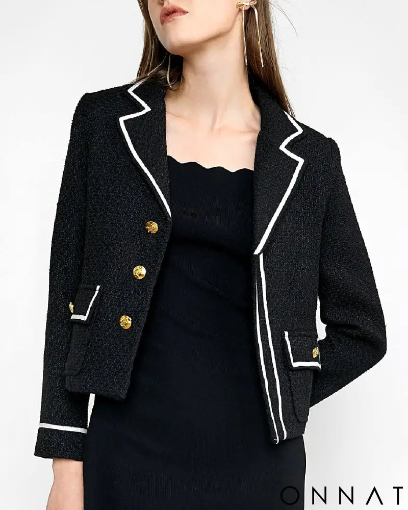 Black & White Tweed Lapel Gold Button Jacket