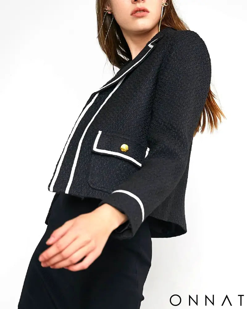 Black & White Tweed Lapel Gold Button Jacket