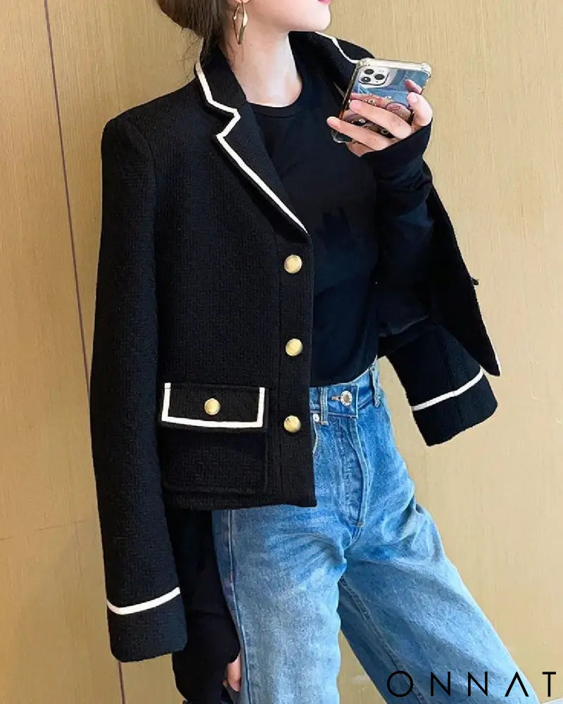 Black & White Tweed Lapel Gold Button Jacket