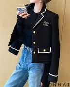 Black & White Tweed Lapel Gold Button Jacket