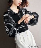 Black & White Vintage Chain Silk Blouse Tops