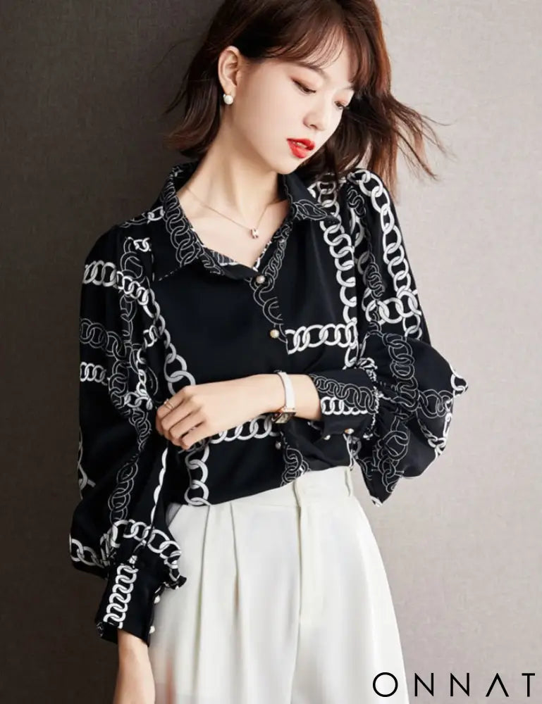 Black & White Vintage Chain Silk Blouse Tops
