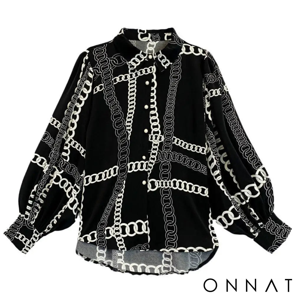 Black & White Vintage Chain Silk Blouse Tops