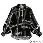Black & White Vintage Chain Silk Blouse Tops