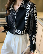 Black & White Vintage Chain Silk Blouse Tops