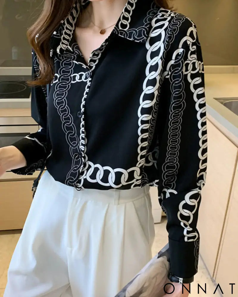 Black & White Vintage Chain Silk Blouse Tops