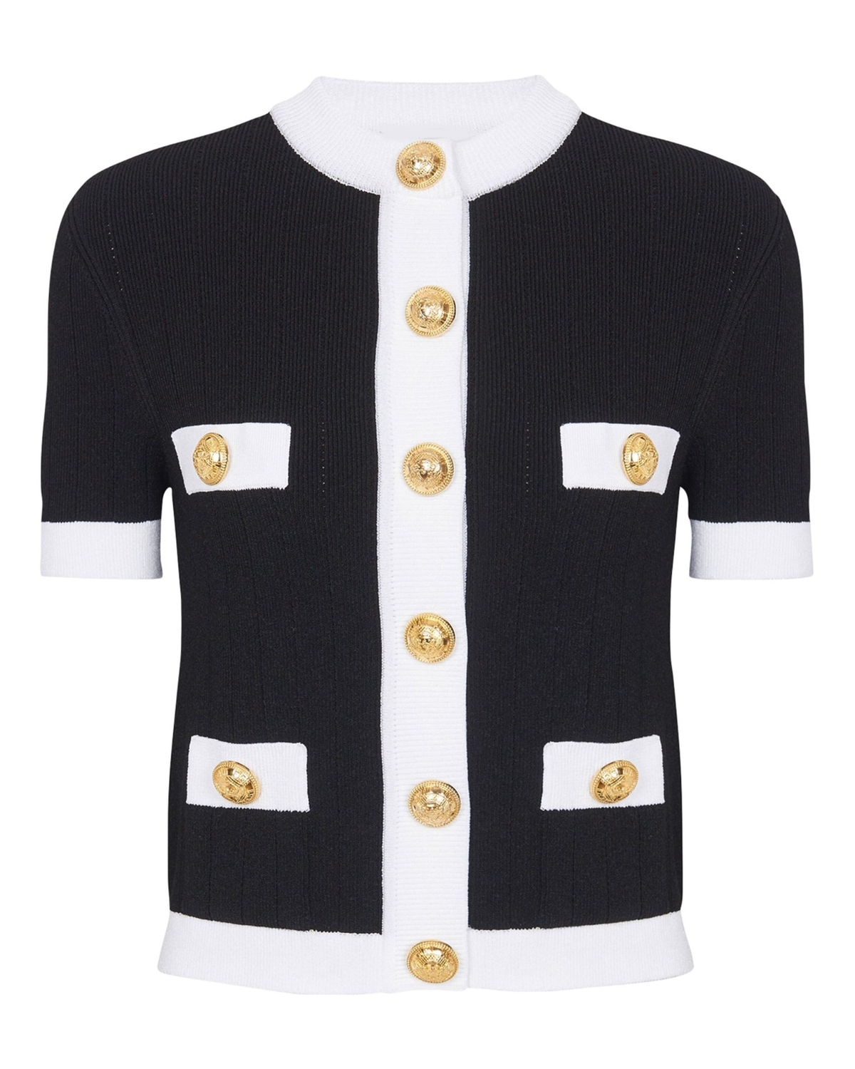 Cardigan Preto e Branco de Manga Curta Canelado com Botões Dourados