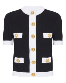 Cardigan Preto e Branco de Manga Curta Canelado com Botões Dourados