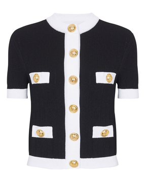 Cardigan Preto e Branco de Manga Curta Canelado com Botões Dourados