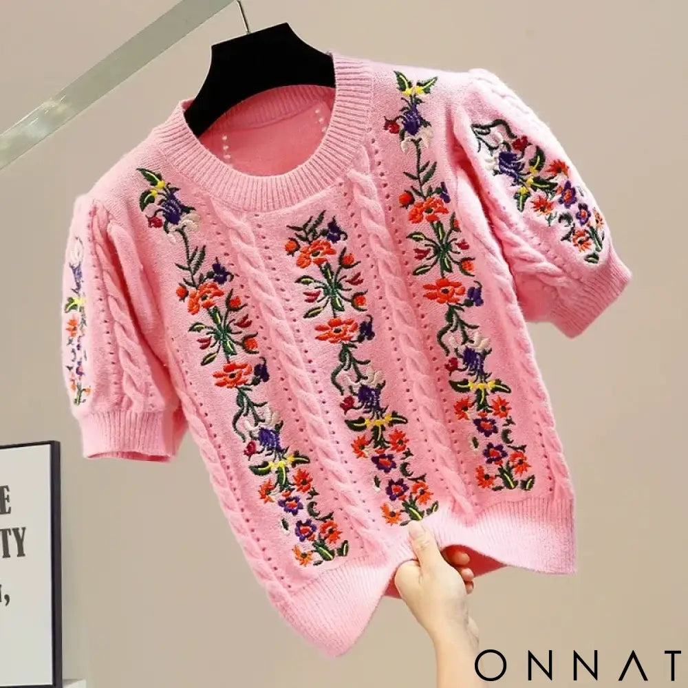 Fashionable Color Blocking Embroidered Hollow Out Design Sensible Vintage Puff Sleeve Round Neck Pullover Stylish