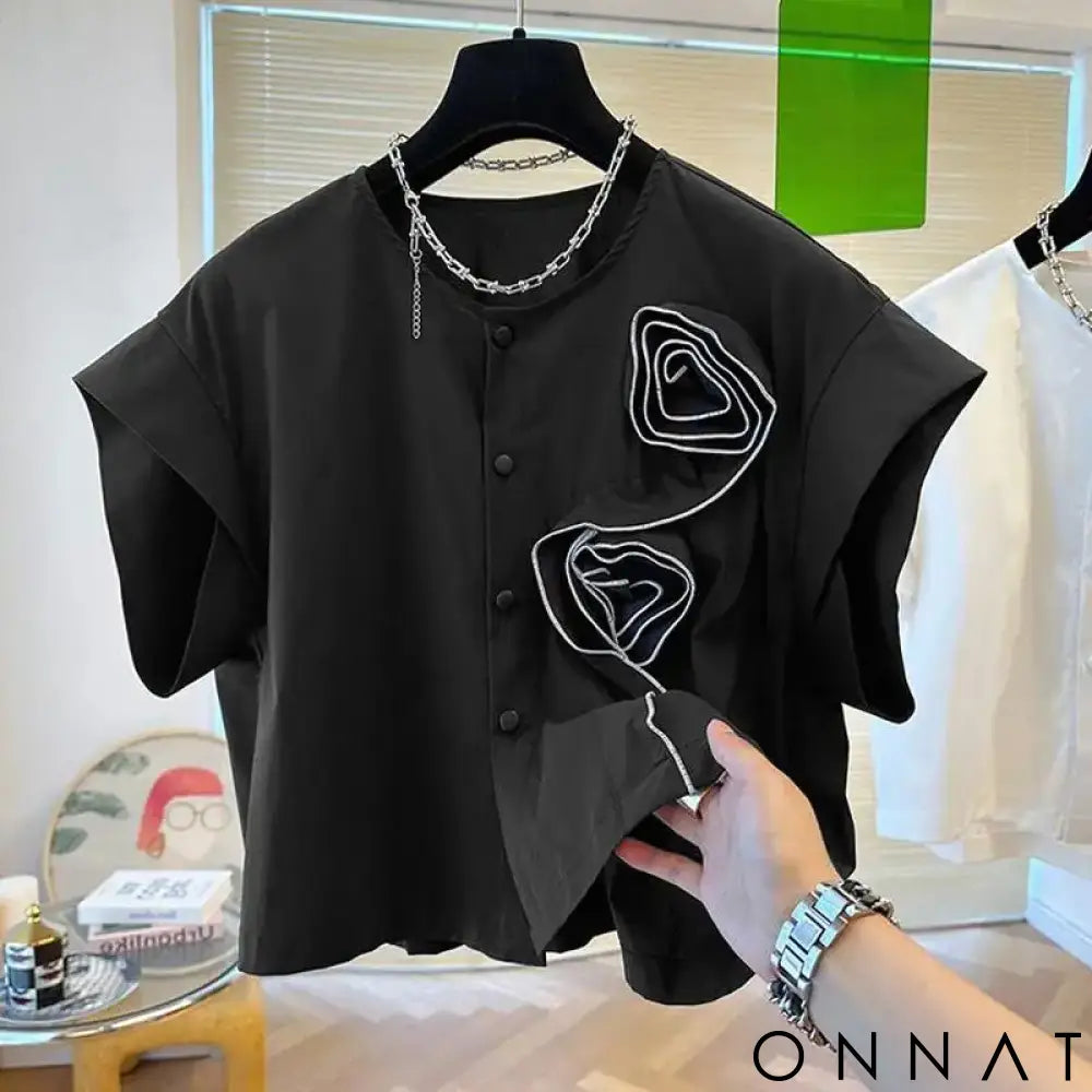 ZANZEA Women Short Sleeve Blouse Speacial Three-D Flowers Blusas 2024 Summer Round Neck Shirt Casual Loose Colorblock