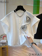 ZANZEA Women Short Sleeve Blouse Speacial Three-D Flowers Blusas 2024 Summer Round Neck Shirt Casual Loose Colorblock