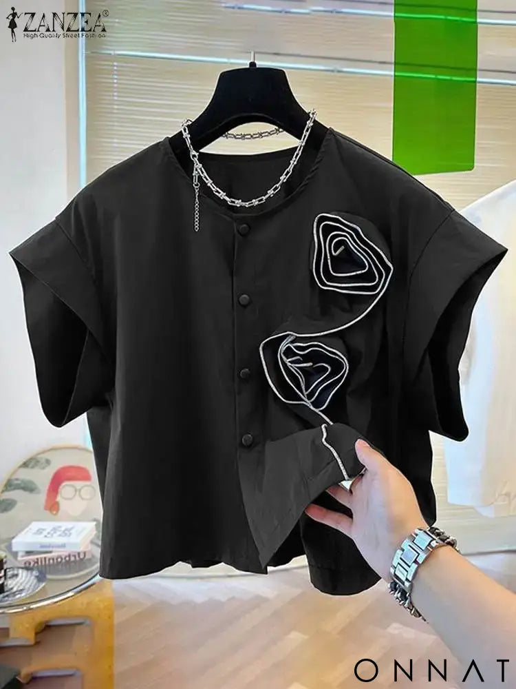 ZANZEA Women Short Sleeve Blouse Speacial Three-D Flowers Blusas 2024 Summer Round Neck Shirt Casual Loose Colorblock