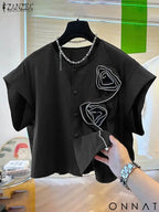 ZANZEA Women Short Sleeve Blouse Speacial Three-D Flowers Blusas 2024 Summer Round Neck Shirt Casual Loose Colorblock