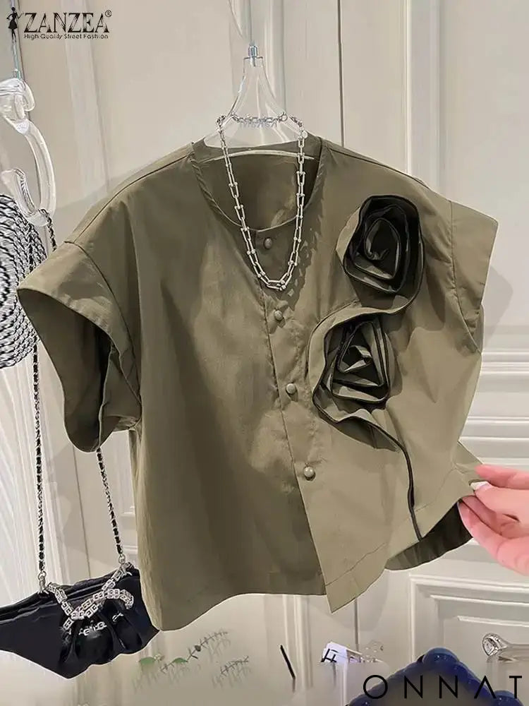 ZANZEA Women Short Sleeve Blouse Speacial Three-D Flowers Blusas 2024 Summer Round Neck Shirt Casual Loose Colorblock