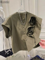 ZANZEA Women Short Sleeve Blouse Speacial Three-D Flowers Blusas 2024 Summer Round Neck Shirt Casual Loose Colorblock