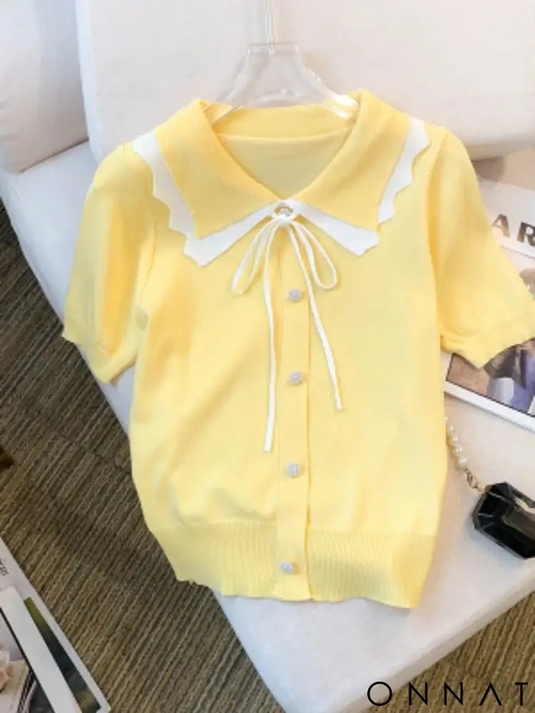 Elegant Short Sleeve Sweater with Lace Up Contrast Trim - Women’s Clothing Yellow / One Size