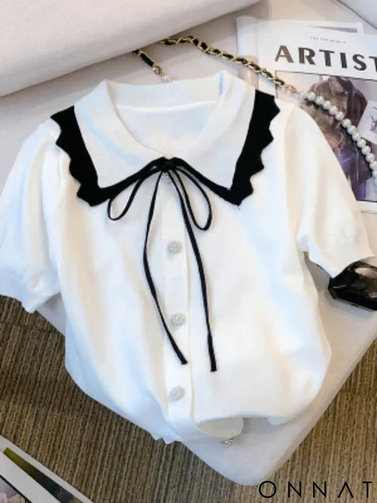 Elegant Short Sleeve Sweater with Lace Up Contrast Trim - Women’s Clothing WHITE / One Size