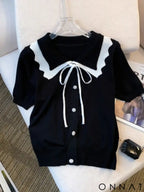 Elegant Short Sleeve Sweater with Lace Up Contrast Trim - Women’s Clothing black / One Size